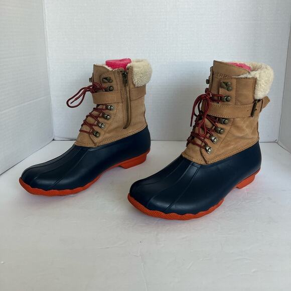 NWOT Sperry Shearwater Winter Waterproof Fur Leather Rubber Tan/Navy Boots 11 - Picture 1 of 9